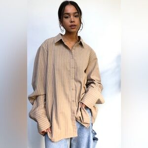 Beige Oversized Pinstripe Cuff Shirt